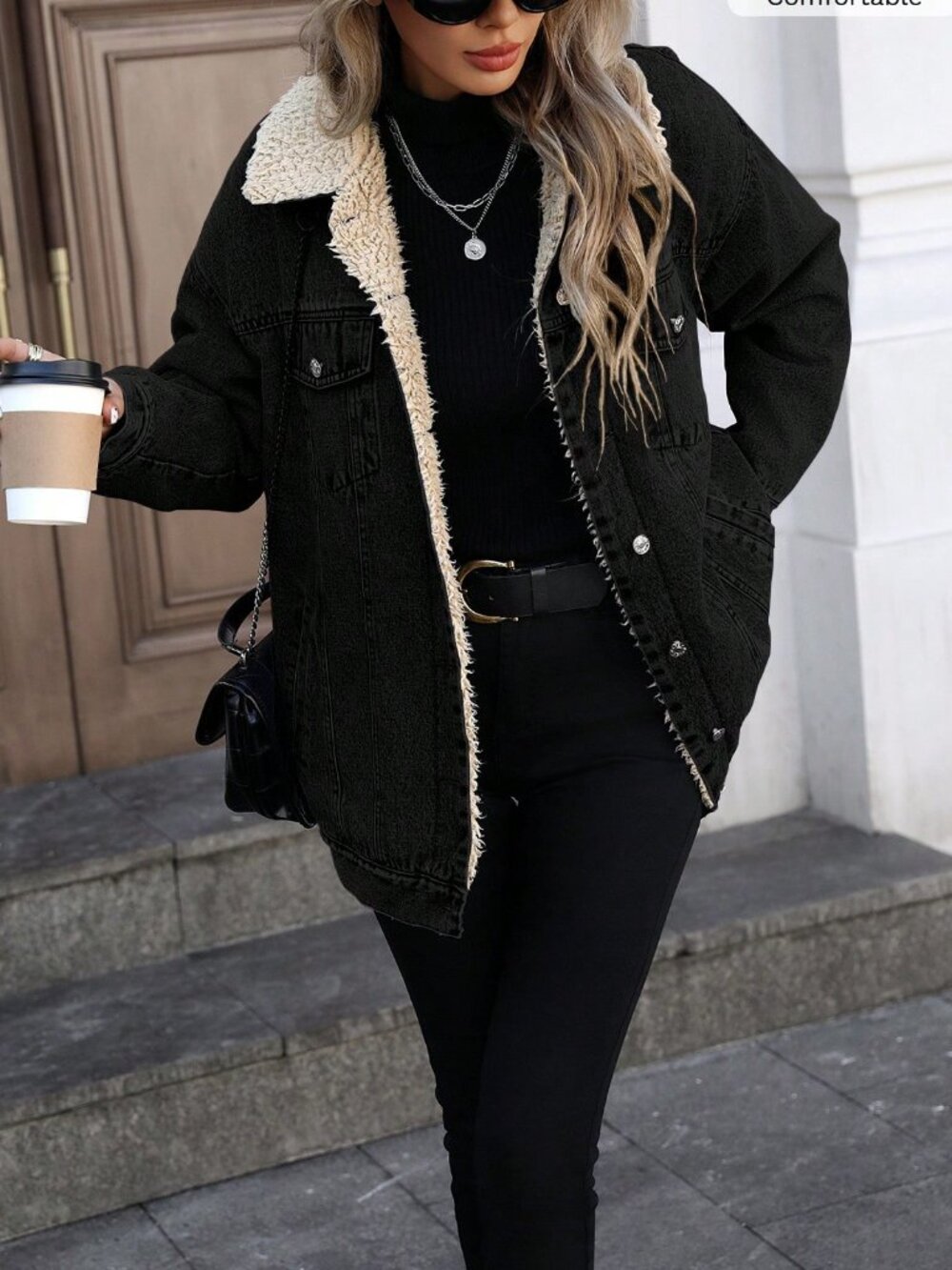 Black Casual Women's Winter Lined Front Button Lapel Denim Jacket